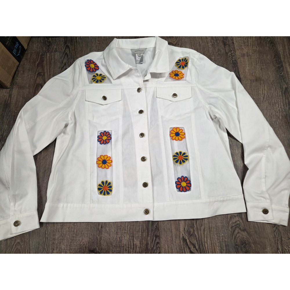 Multiples White Stretch Light Weight Embroidered Flowers Button Jacket Large
